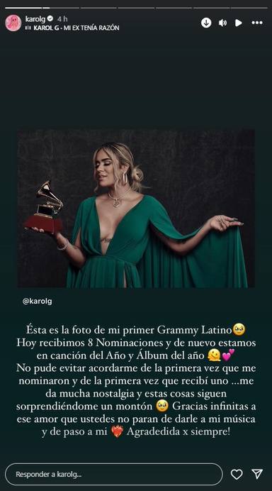 Karol G con el primer Latin GRAMMY de su carrera en el día que ha recibido ocho nominaciones a estos premios