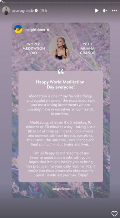 Ariana Grande destaca la importancia de la meditación con una publicación distinta en su cuenta de Instagram
