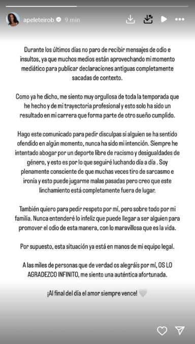 El comunicado con el que Ana Peleteiro anuncia medidas legales por el delito de odio contra ella y su familia