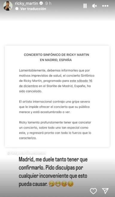 El comunicado de Ricky Martin cancelando el único concierto en España en 2023