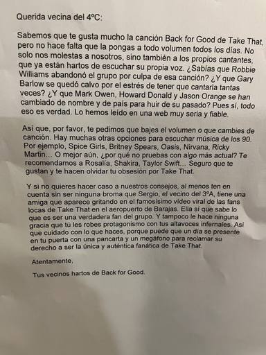 La carta viral de una comunidad de vecinos contra otro que les da la tabarra con una canción de Take That