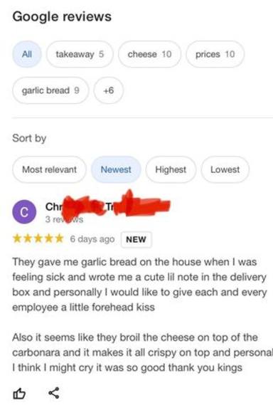 Reseña de Google del cliente tras recibir el regalo del restaurante con el que fue considerado