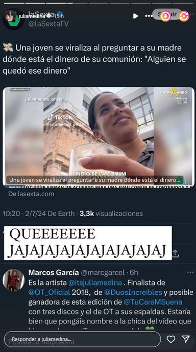 Julia Medina y la reacción ante la emisión del vídeo con su madre sobre el dinero de su Comunión