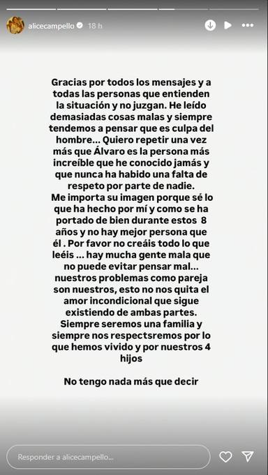 Alice Campello estalla ante las informaciones de infidelidad de Álvaro Morata y le defiende en Instagram