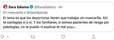 El polémico tuit de Sara Sálamo sobre la vacunación de los futbolistas que la actriz decidió borrar