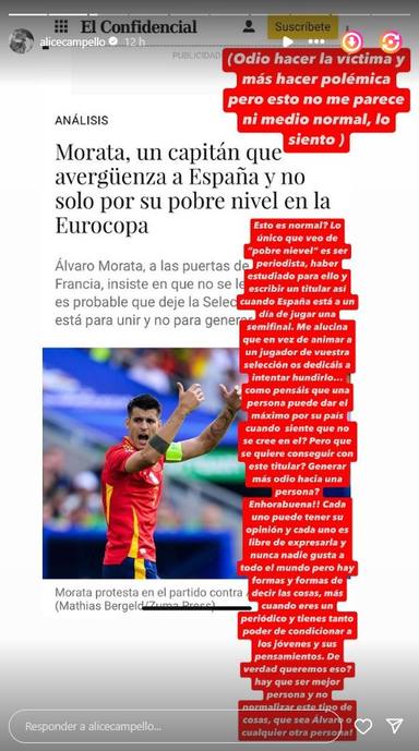 Alice Campello y su rajada contra la prensa en medio de las críticas a Morata en el Eurocopa